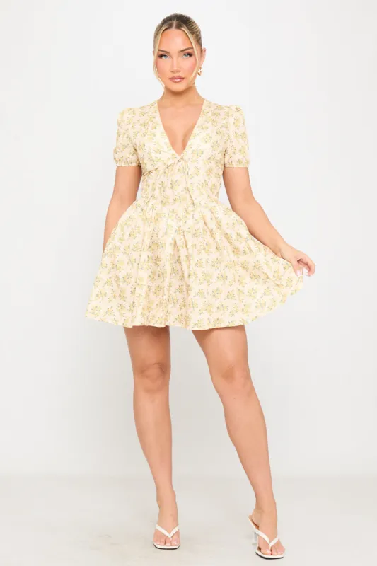 Yellow Floral Print Pleated Milkmaid Mini Dress sold by Nothingbutstyle