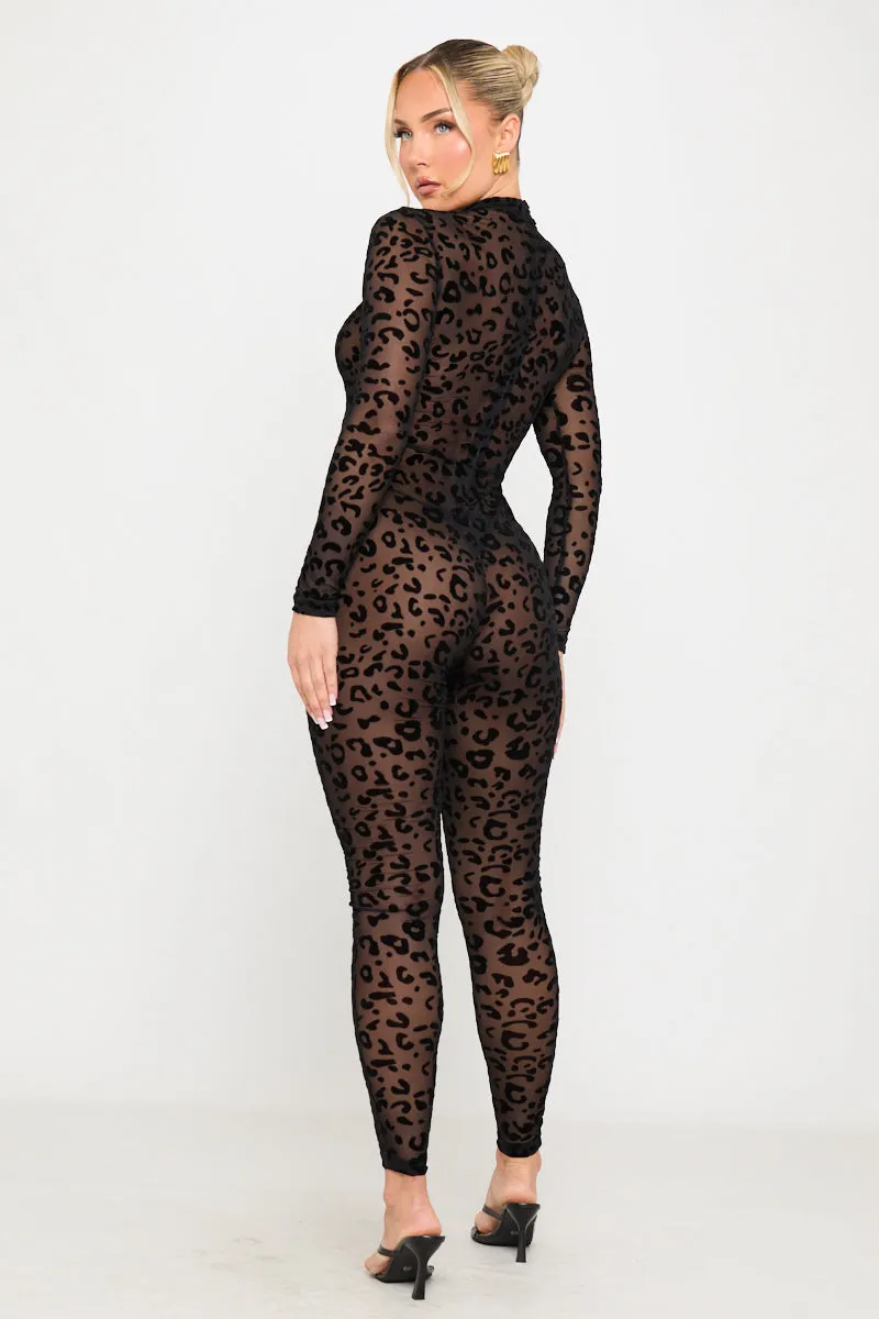 Black Leopard Embossed High Neck Sheer Jumpsuit sold by Nothingbutstyle product image thumbnail 4