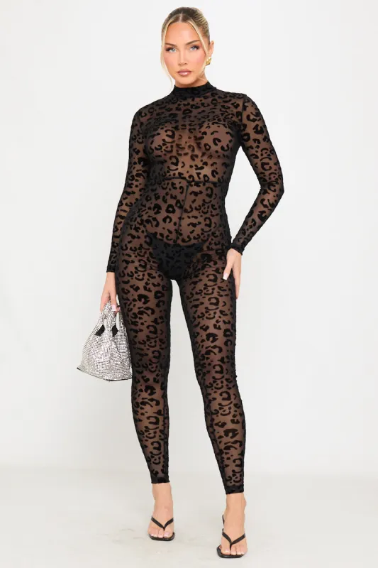 Black Leopard Embossed High Neck Sheer Jumpsuit sold by Nothingbutstyle