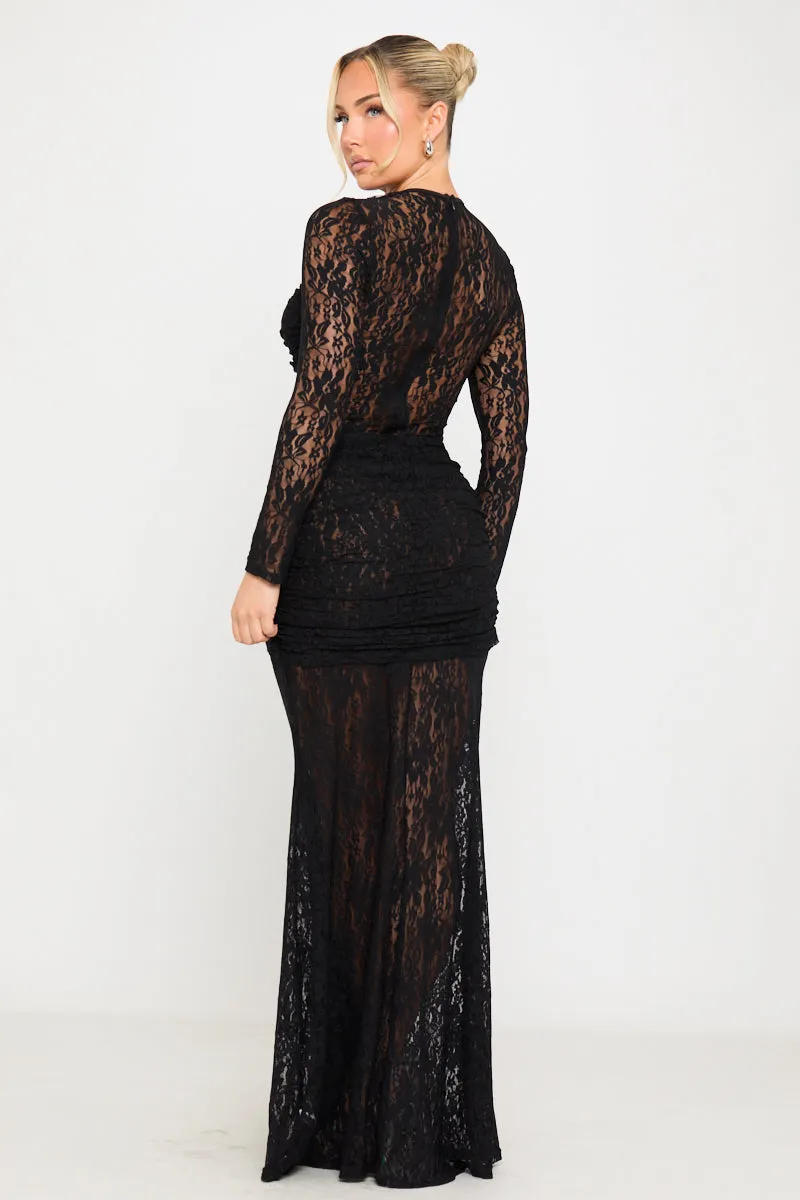 Black Sheer Lace Draped Long Sleeve Maxi Dress sold by Nothingbutstyle product image thumbnail 5