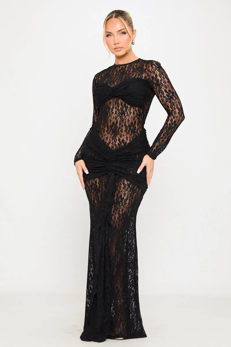 Black Sheer Lace Draped Long Sleeve Maxi Dress sold by Nothingbutstyle product image thumbnail 2