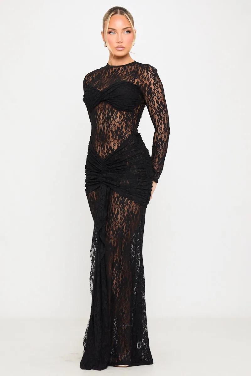 Black Sheer Lace Draped Long Sleeve Maxi Dress sold by Nothingbutstyle product image thumbnail 3