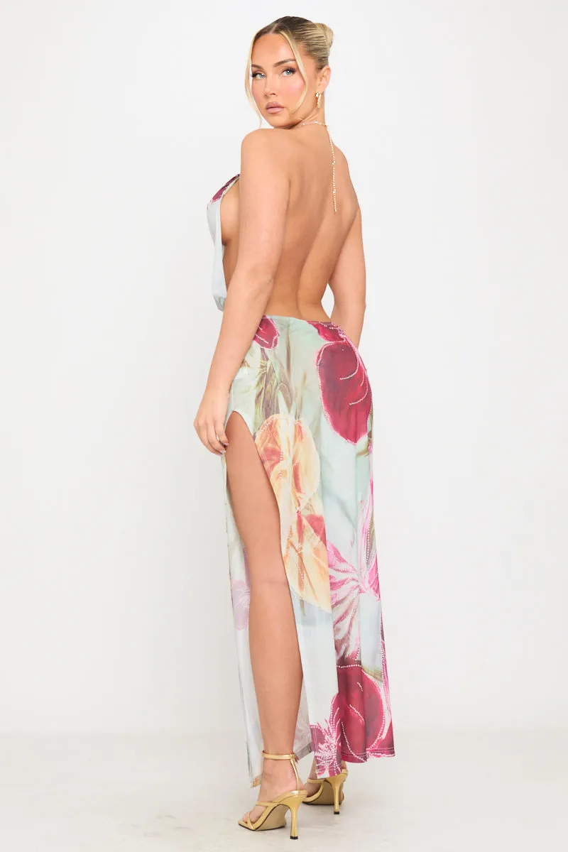Multi Beaded Floral Print Backless Chiffon Maxi Dress sold by Nothingbutstyle product image thumbnail 5