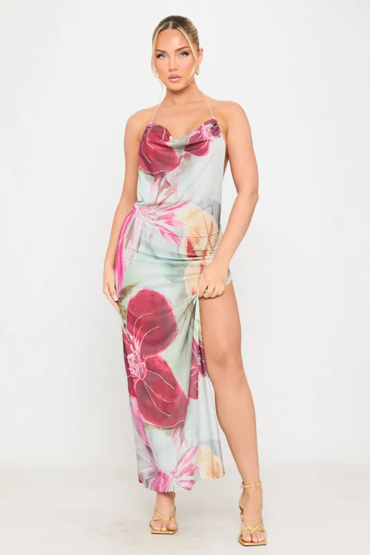 Multi Beaded Floral Print Backless Chiffon Maxi Dress sold by Nothingbutstyle