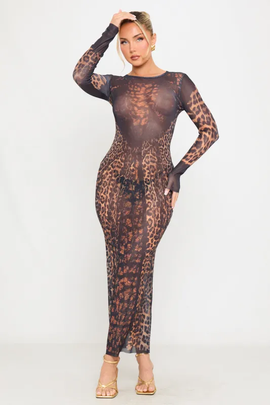 Leopard Print Sheer Long Sleeve Maxi Dress sold by Nothingbutstyle