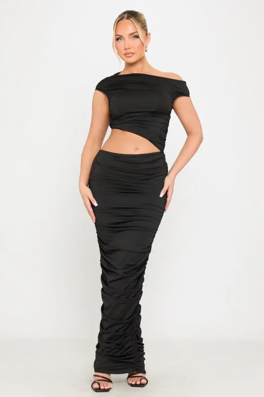 Black Ruched One Shoulder Cut Out Maxi Dress sold by Nothingbutstyle