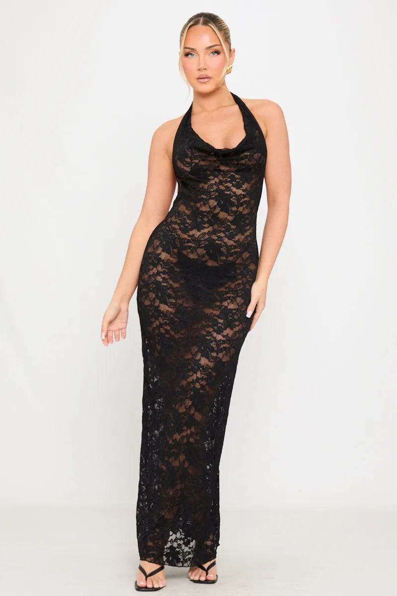 Black Sheer Lace Cowl Neck Backless Maxi Dress sold by Nothingbutstyle