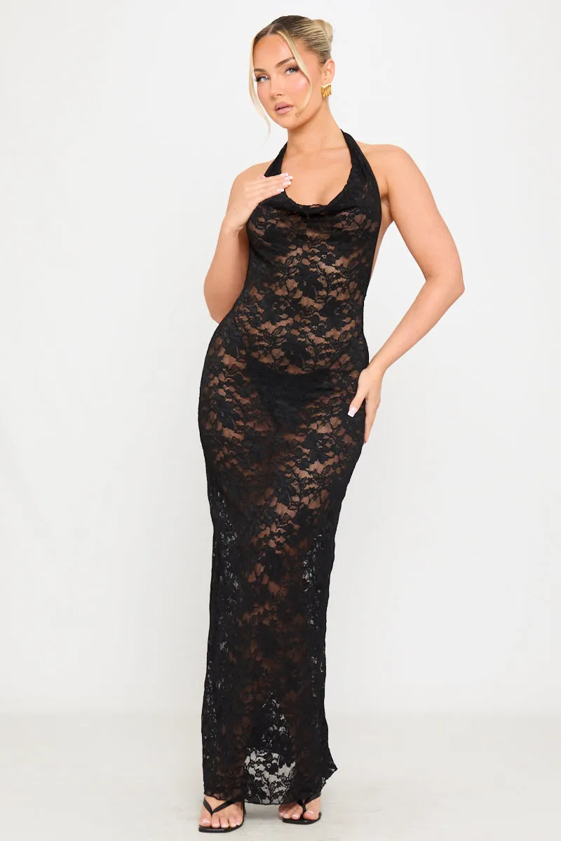 Black Sheer Lace Cowl Neck Backless Maxi Dress sold by Nothingbutstyle product image thumbnail 3