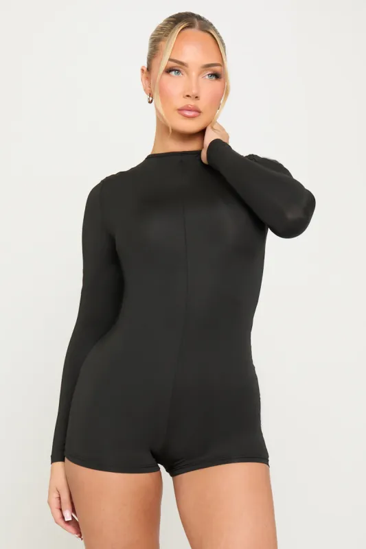 Black Zip Front Long Sleeve Playsuit sold by Nothingbutstyle