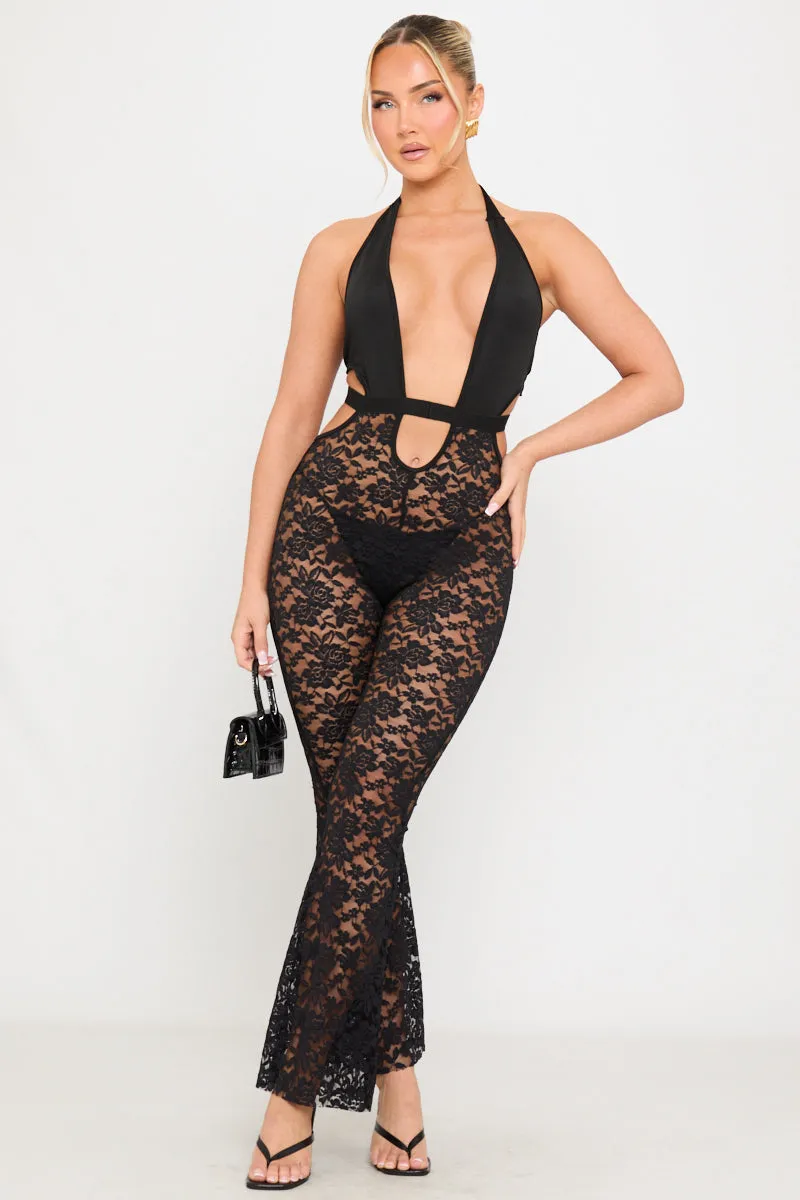 Black Sheer Lace Halterneck Plunge Flare Jumpsuit sold by Nothingbutstyle