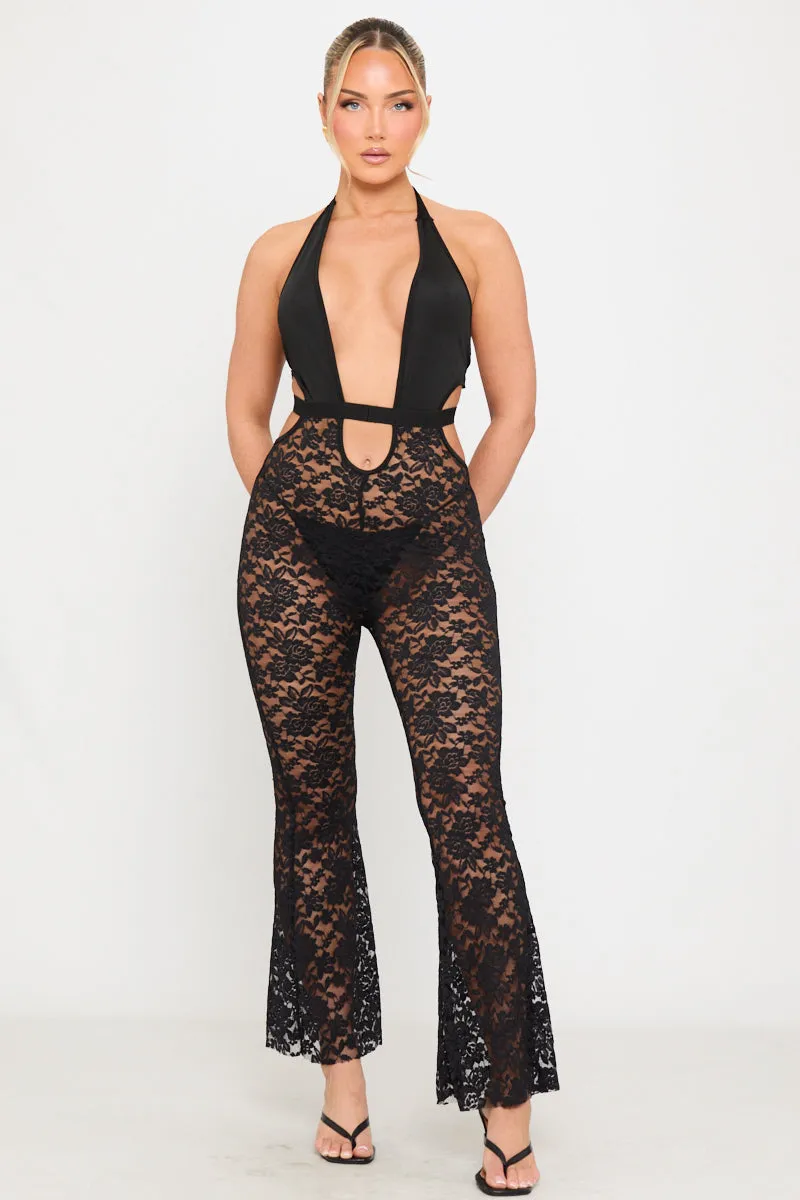 Black Sheer Lace Halterneck Plunge Flare Jumpsuit sold by Nothingbutstyle product image thumbnail 2