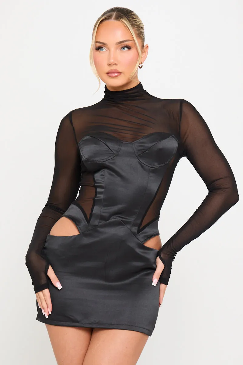 Black Mesh High Neck Cut Out Bustier Mini Dress sold by Nothingbutstyle