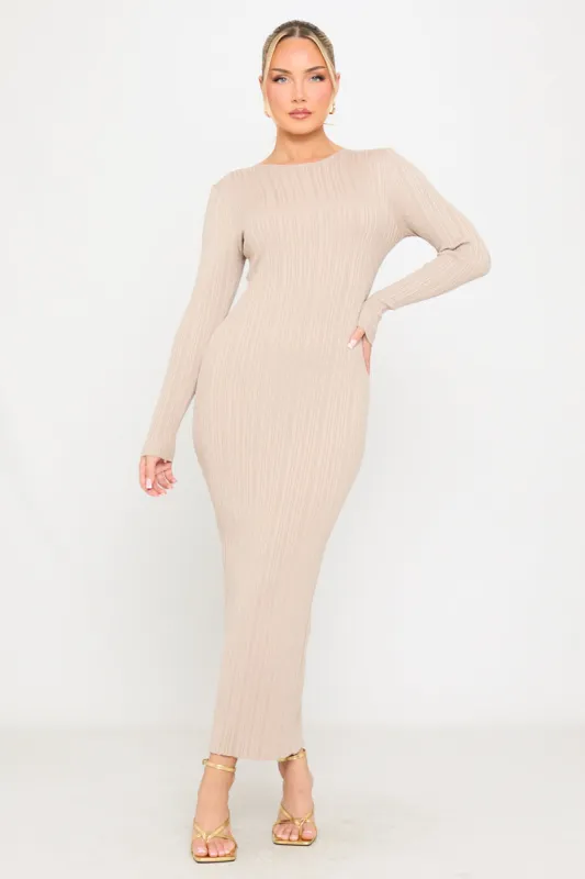 Beige Textured Knit Long Sleeve Maxi Dress sold by Nothingbutstyle