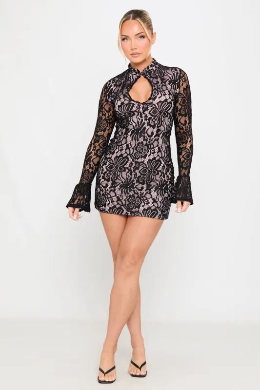 Black Keyhole Cut Out Floral Lace Mini Dress sold by Nothingbutstyle