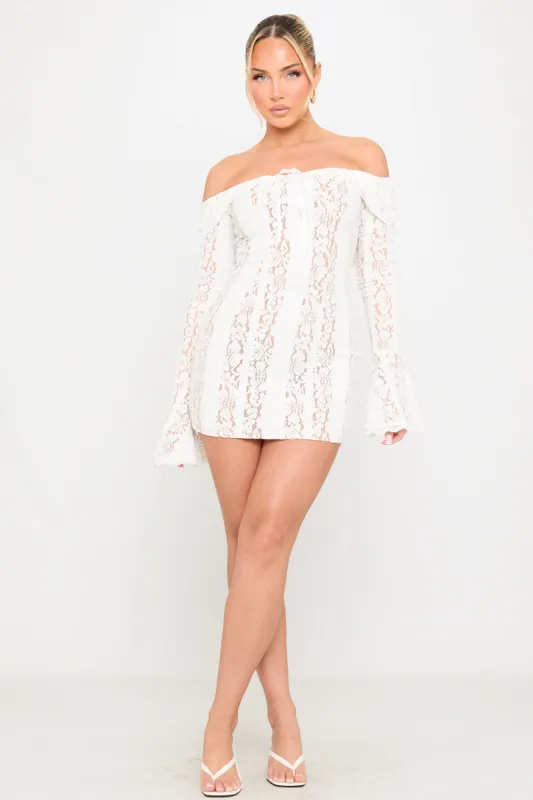 Cream Floral Lace Off Shoulder Mini Dress sold by Nothingbutstyle