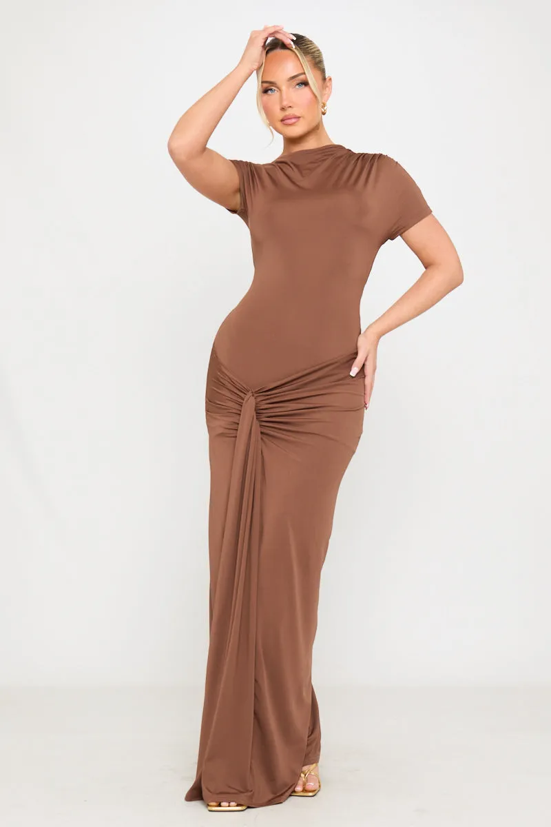 Brown Draped Asymmetrical Ruched Maxi Dress sold by Nothingbutstyle