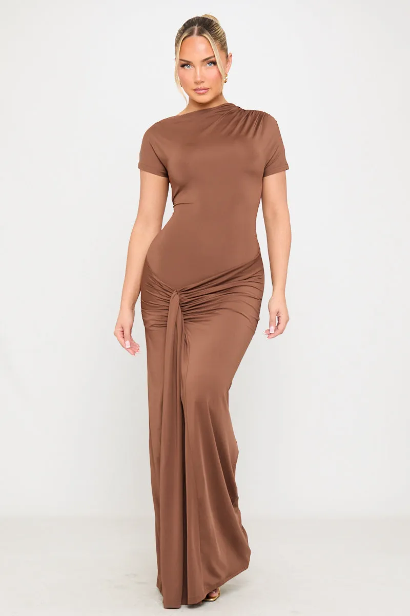 Brown Draped Asymmetrical Ruched Maxi Dress sold by Nothingbutstyle product image thumbnail 2