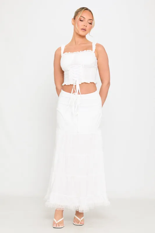 White Ruffle Trim Tiered Tie Detail Maxi Skirt sold by Nothingbutstyle