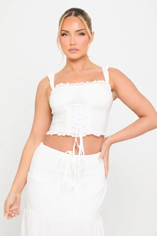 White Square Neck Lace Trim Tie Front Corset Top sold by Nothingbutstyle