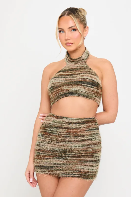 Green Stripe Textured High Neck Top & Mini Skirt Co-Ord sold by Nothingbutstyle