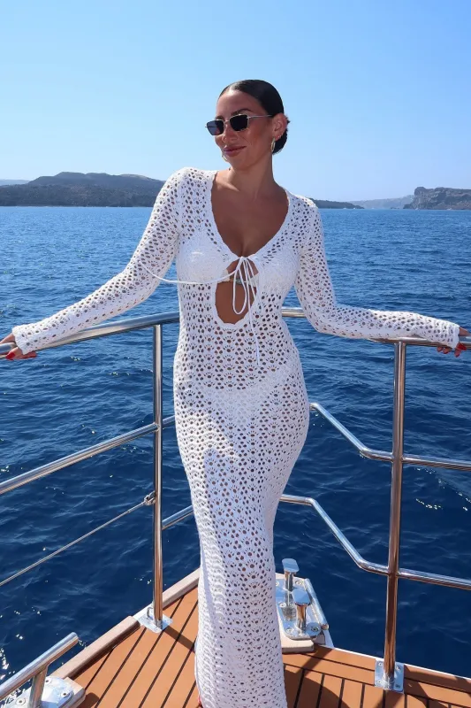 White Crochet Tie Front Long Sleeve Maxi Dress sold by Nothingbutstyle