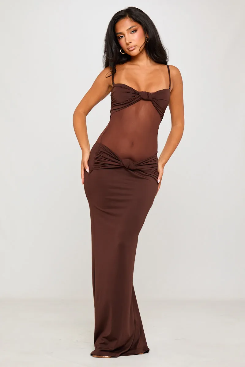 Brown Twist Detail Sheer Panel Maxi Dress sold by Nothingbutstyle