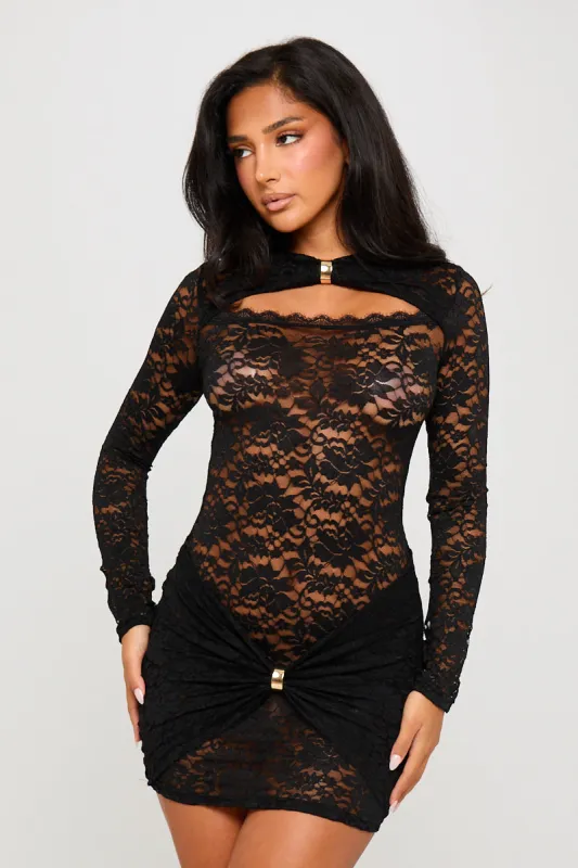 Black Lace Cut Out Detail Long Sleeve Mini Dress sold by Nothingbutstyle