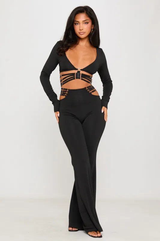 Black Cut Out Detail Plunge Top & Flare Pants Co-Ord sold by Nothingbutstyle