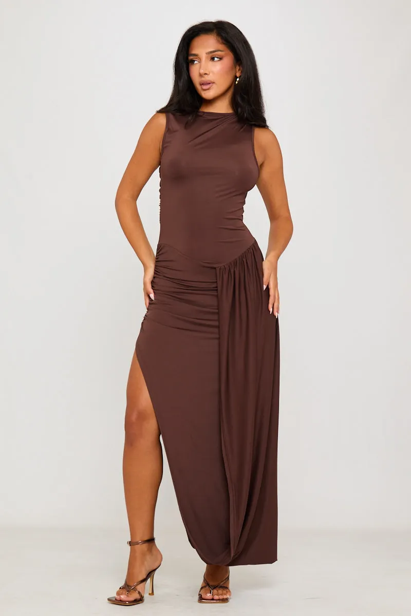Brown Pleated Asymmetric Thigh Split Maxi Dress sold by Nothingbutstyle product image thumbnail 3