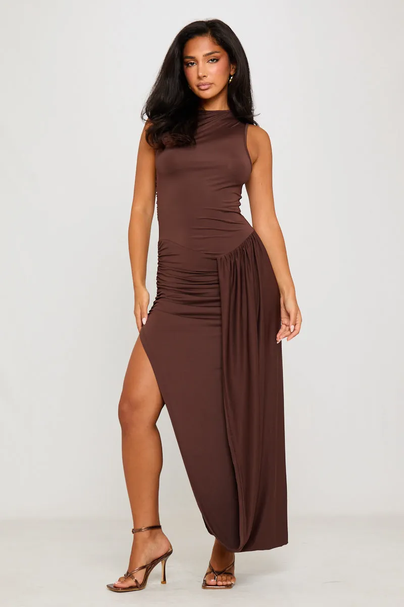 Brown Pleated Asymmetric Thigh Split Maxi Dress sold by Nothingbutstyle