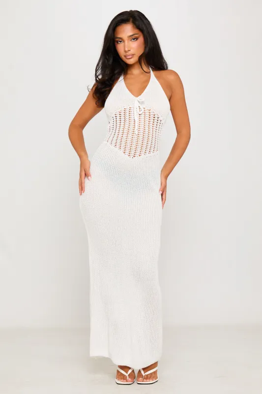 White Crochet Knit Halter Open Back Maxi Dress sold by Nothingbutstyle