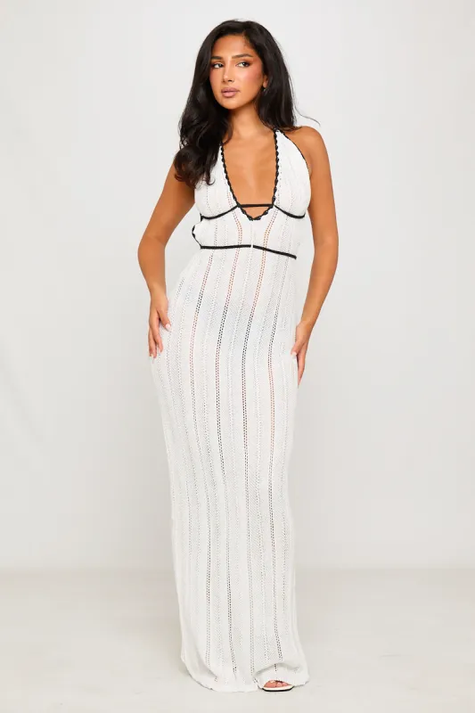 White Sheer Crochet Knit Halter Maxi Dress sold by Nothingbutstyle