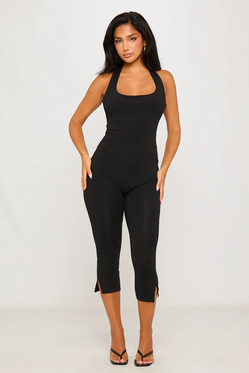 Black Halter Neck Open Back Capri Jumpsuit sold by Nothingbutstyle