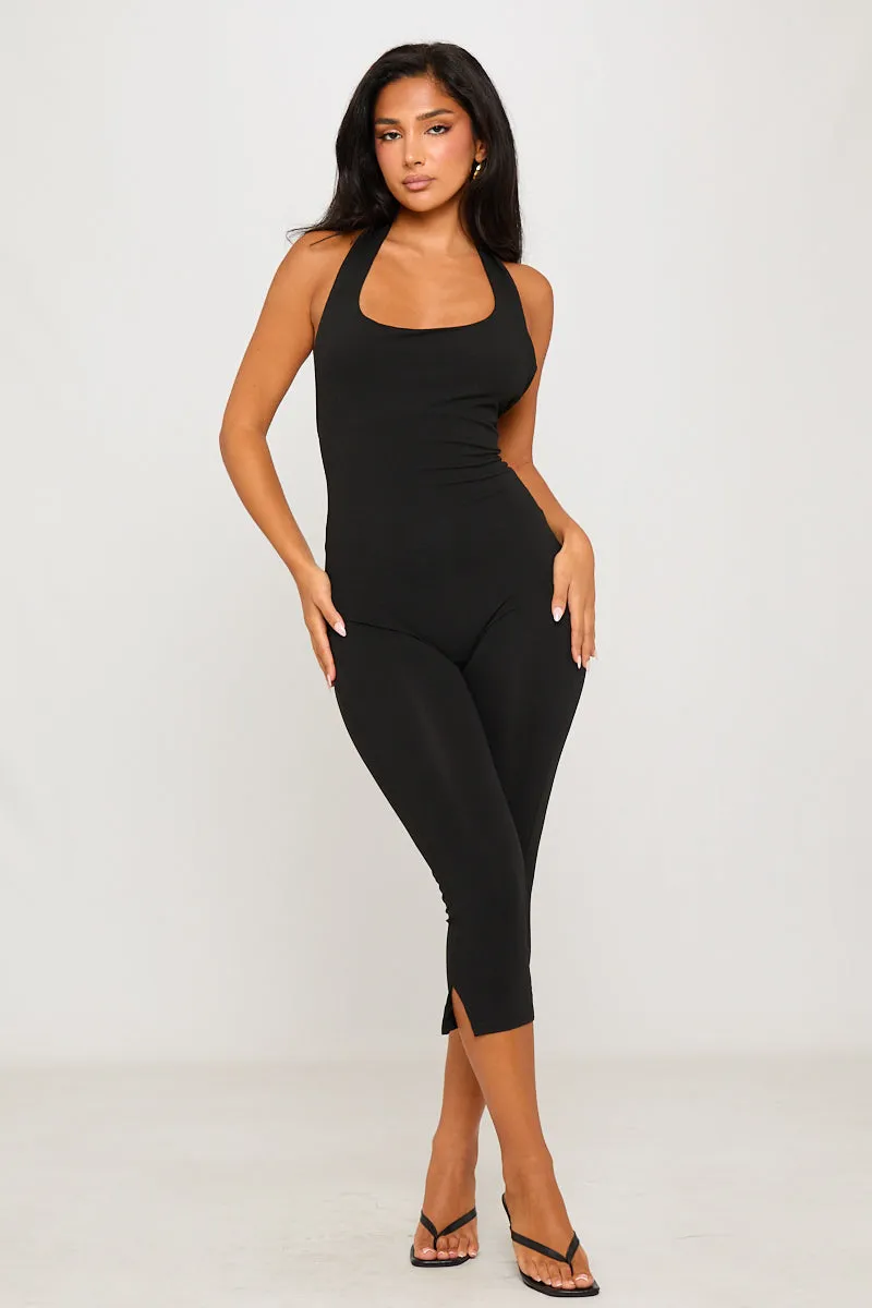 Black Halter Neck Open Back Capri Jumpsuit sold by Nothingbutstyle product image thumbnail 2