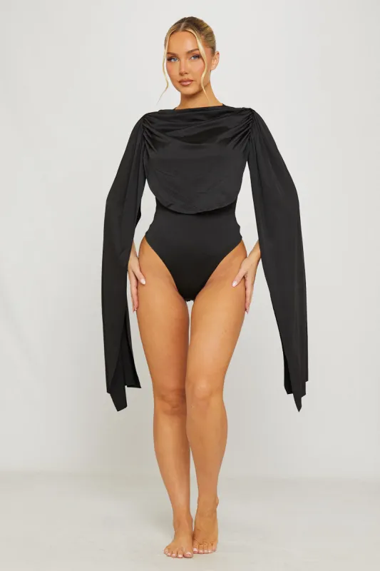 Black Shoulder Draped Ruched Bodysuit sold by Nothingbutstyle