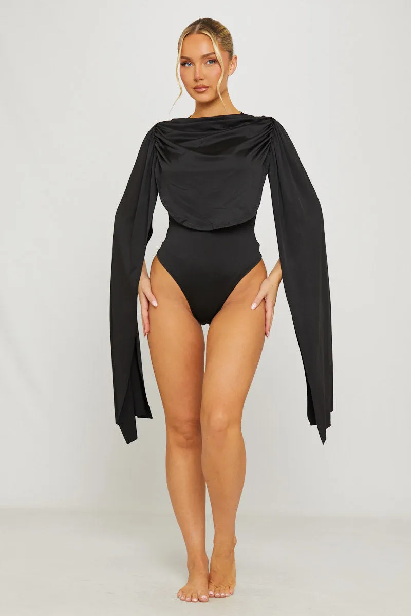 Black Shoulder Draped Ruched Bodysuit sold by Nothingbutstyle