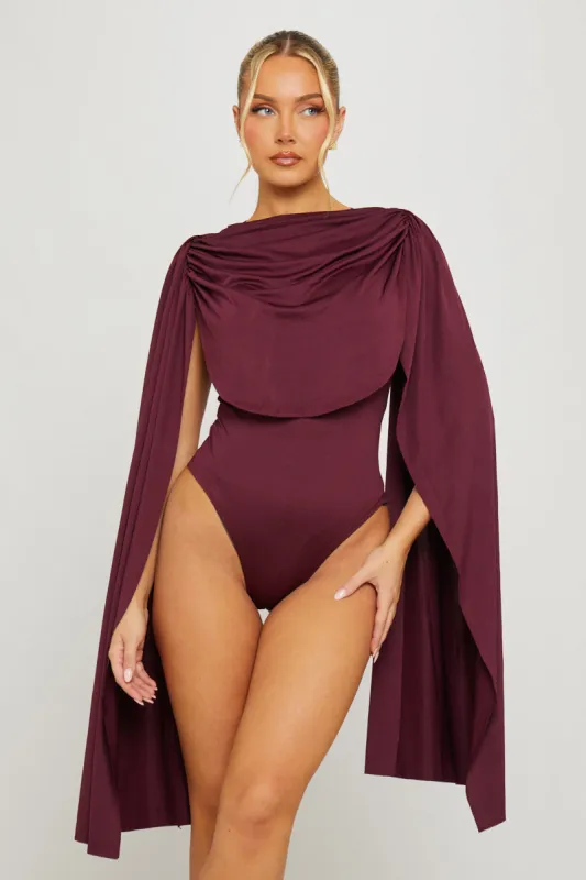 Burgundy Shoulder Draped Ruched Bodysuit sold by Nothingbutstyle