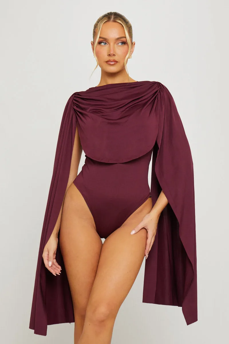 Burgundy Shoulder Draped Ruched Bodysuit sold by Nothingbutstyle