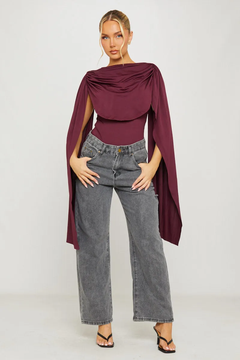 Burgundy Shoulder Draped Ruched Bodysuit sold by Nothingbutstyle product image thumbnail 5