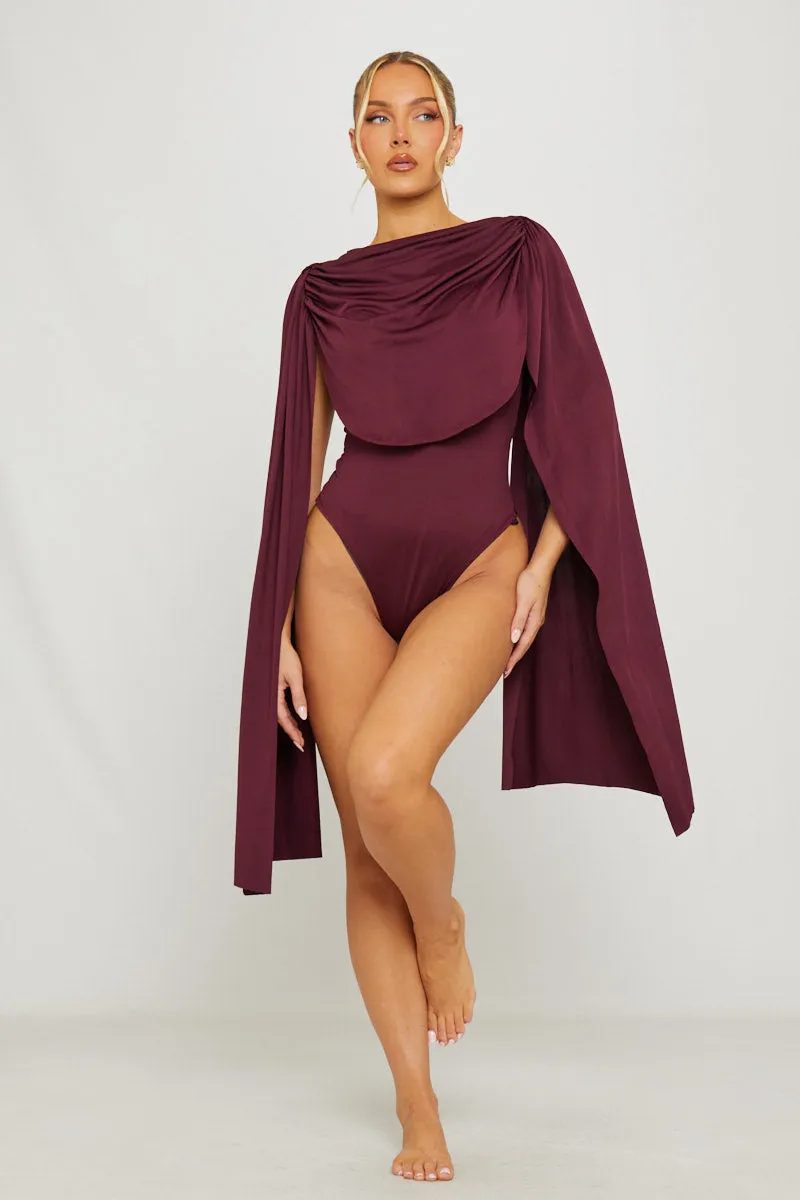 Burgundy Shoulder Draped Ruched Bodysuit sold by Nothingbutstyle product image thumbnail 2