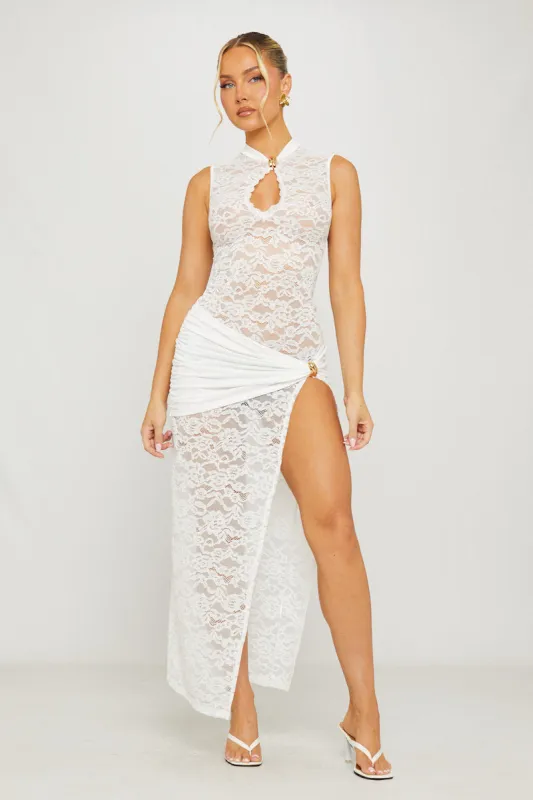 White Lace Keyhole Thigh Split Maxi Dress sold by Nothingbutstyle