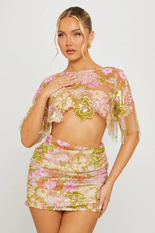 Pink Sheer Floral Embroidered Crop Top & Mini Skirt Co-Ord sold by Nothingbutstyle