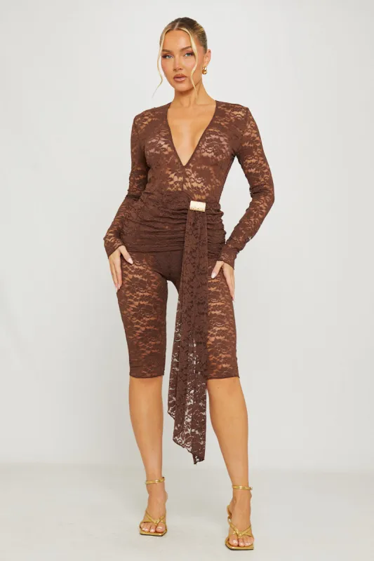 Brown Lace Plunge Drape Detail Capri Jumpsuit sold by Nothingbutstyle