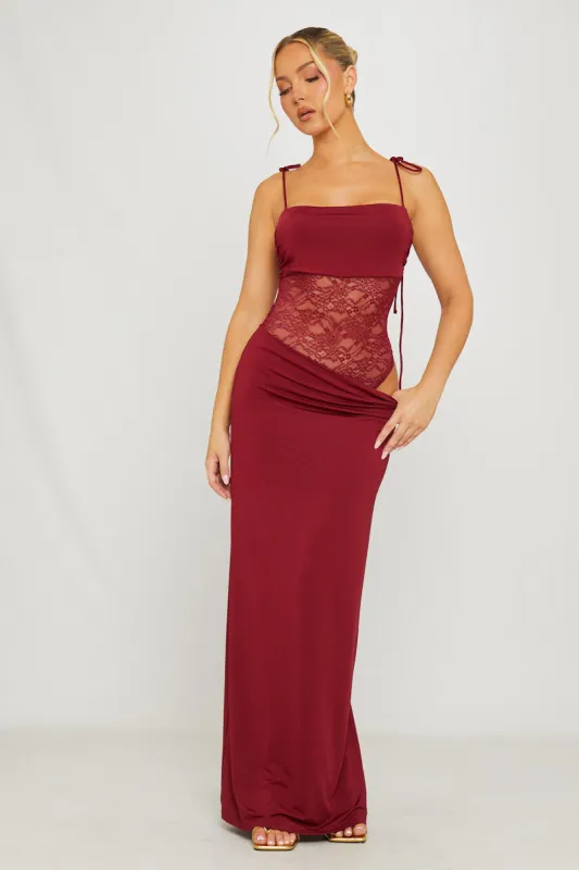 Burgundy Lace Detail Shoulder Tie Maxi Dress sold by Nothingbutstyle