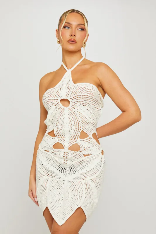 Off White Floral Crochet Cut Out Halter Mini Dress sold by Nothingbutstyle