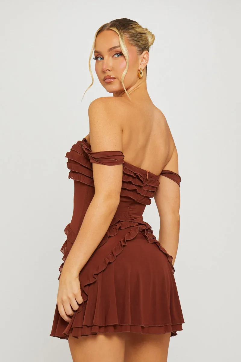 Brown Strapless Chiffon Ruffle Detail Mini Dress sold by Nothingbutstyle product image thumbnail 4