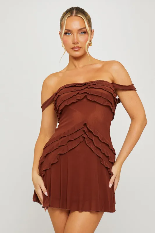 Brown Strapless Chiffon Ruffle Detail Mini Dress sold by Nothingbutstyle