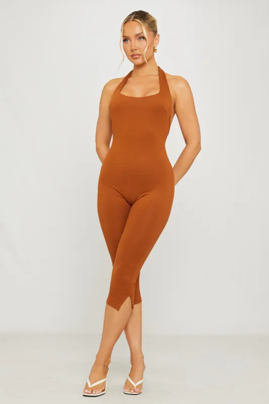 Brown Halter Neck Open Back Capri Jumpsuit sold by Nothingbutstyle