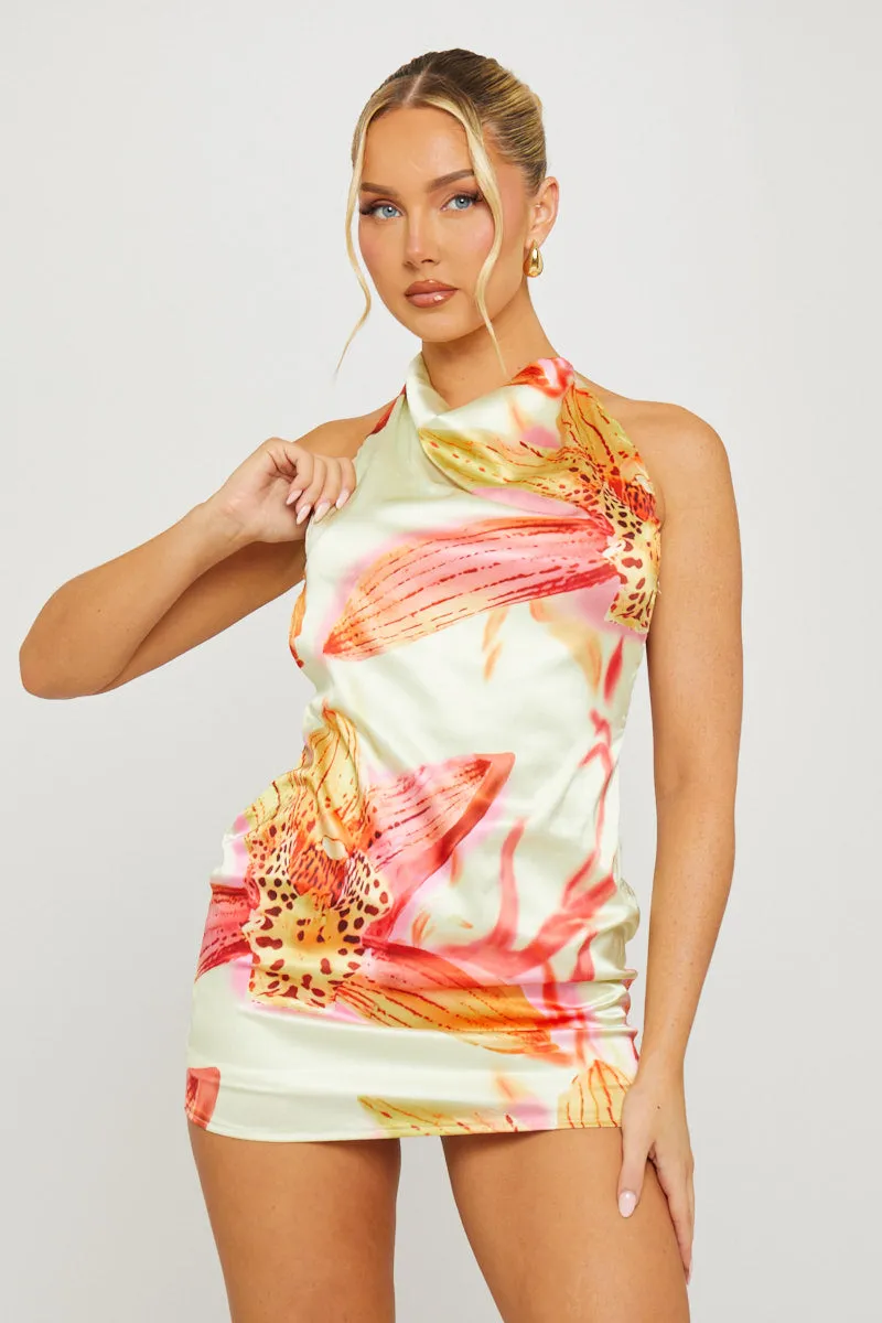 Yellow Floral Print High Neck Backless Mini Dress sold by Nothingbutstyle