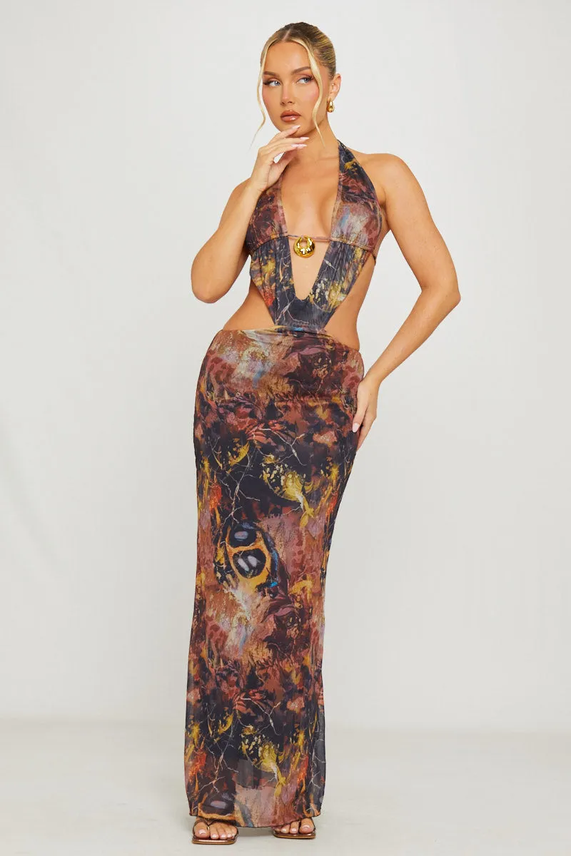 Brown Printed Plunge Halter Open Back Maxi Dress sold by Nothingbutstyle product image thumbnail 3